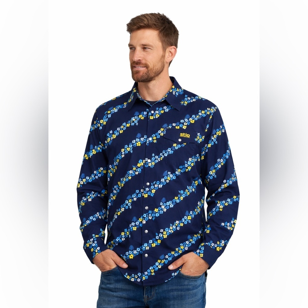 Limited edition floral STIO pineapple logo print eddy button up blue M $198